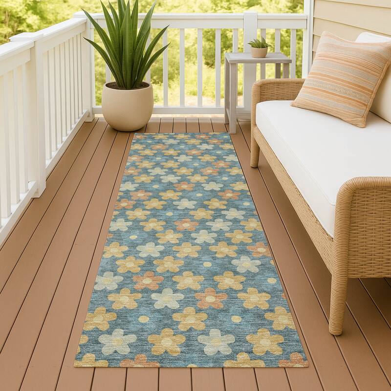 Machine Washable Indoor/ Outdoor Floral Kechi Chantille Rug - Teal - 2'3" x 7'6"