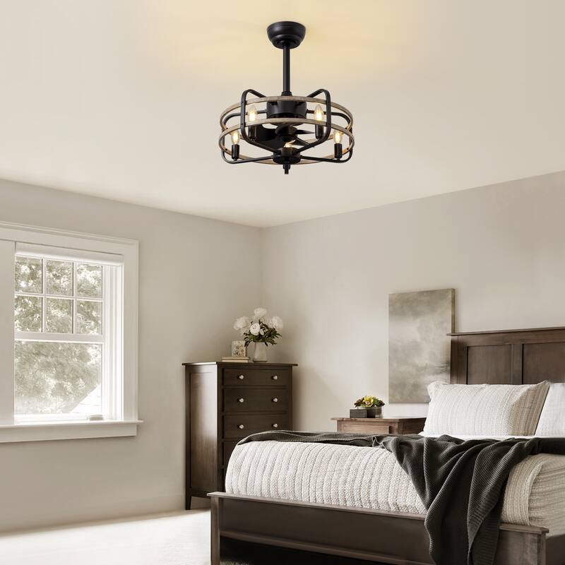 Industrial Black Caged Vintage Chandelier Ceiling Fan with Lights and Remote Control