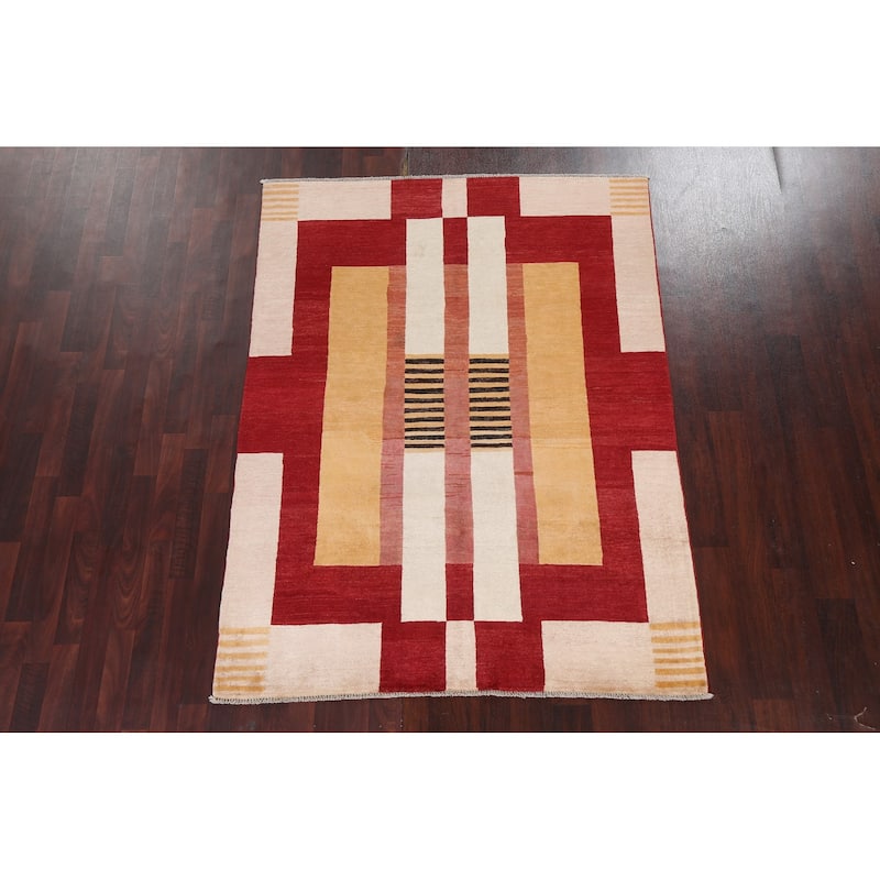 Geometric Gabbeh Kashkoli Oriental Wool Area Rug Hand-knotted Carpet - 5'0" x 6'8"