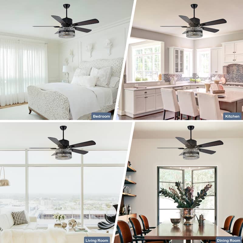 Cusp Barn 52 Inch Industrial Crystal Ceiling Fan, Modern Indoor Outdoor Lighting Fixture with Dual Finish Blades for Living Room
