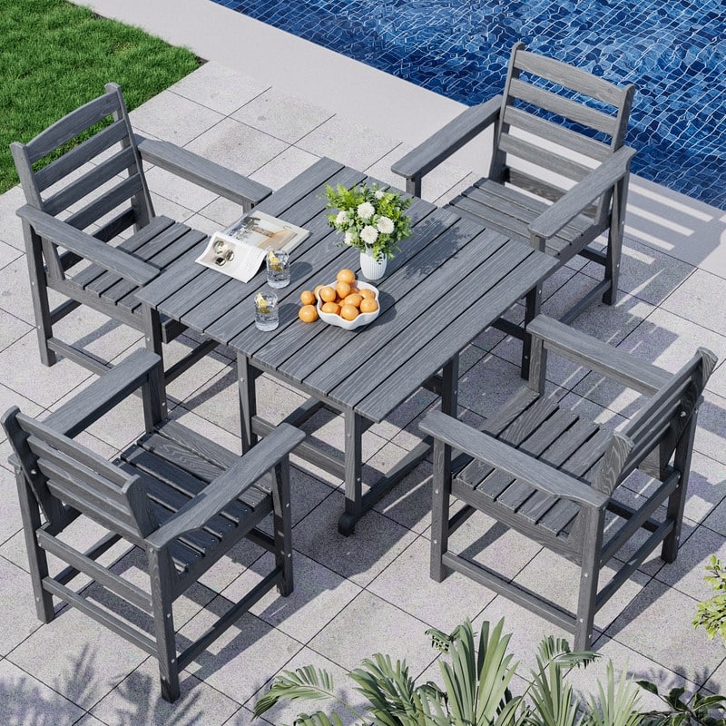 Gray 5/7-Piece HDPE Wood Grain Patio Outdoor Dining Set with Armrest & Umbrella Hole