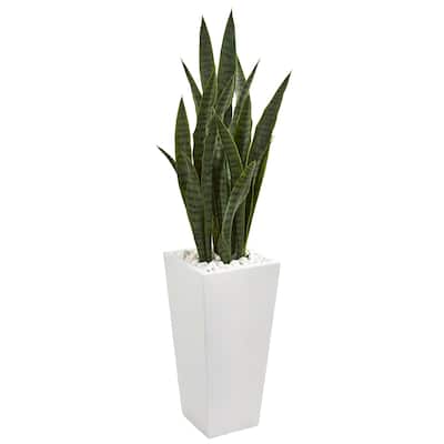 4' Sansevieria Artificial Plant in White Tower Planter - Green