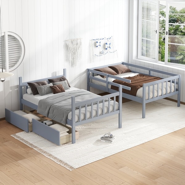 slide 2 of 14, Twin Over Twin Rubber Wood Bunk Bed w/ 2 Drawers, Convertible into 2 Twin Beds w/ Ladder & Safety Guardrails, Grey Grey