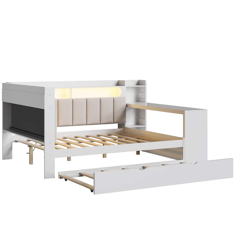 Roomfitters Full Daybed with Trundle, Charging Station and Upholstered Headboard