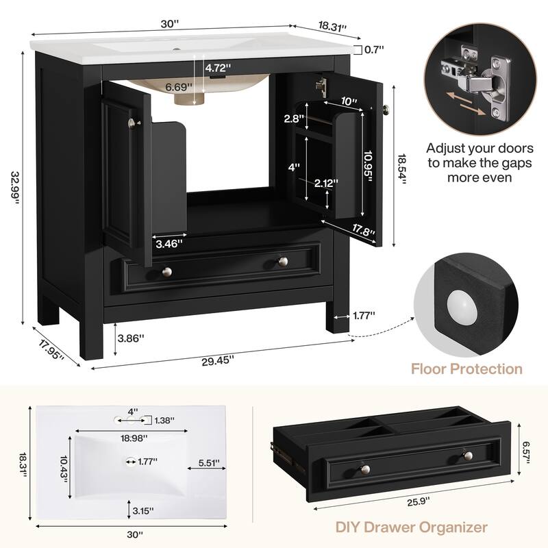 Bathroom Vanity with Sink, Solid Wood Frame Freestanding Vanity with Door Organizer and Drawer