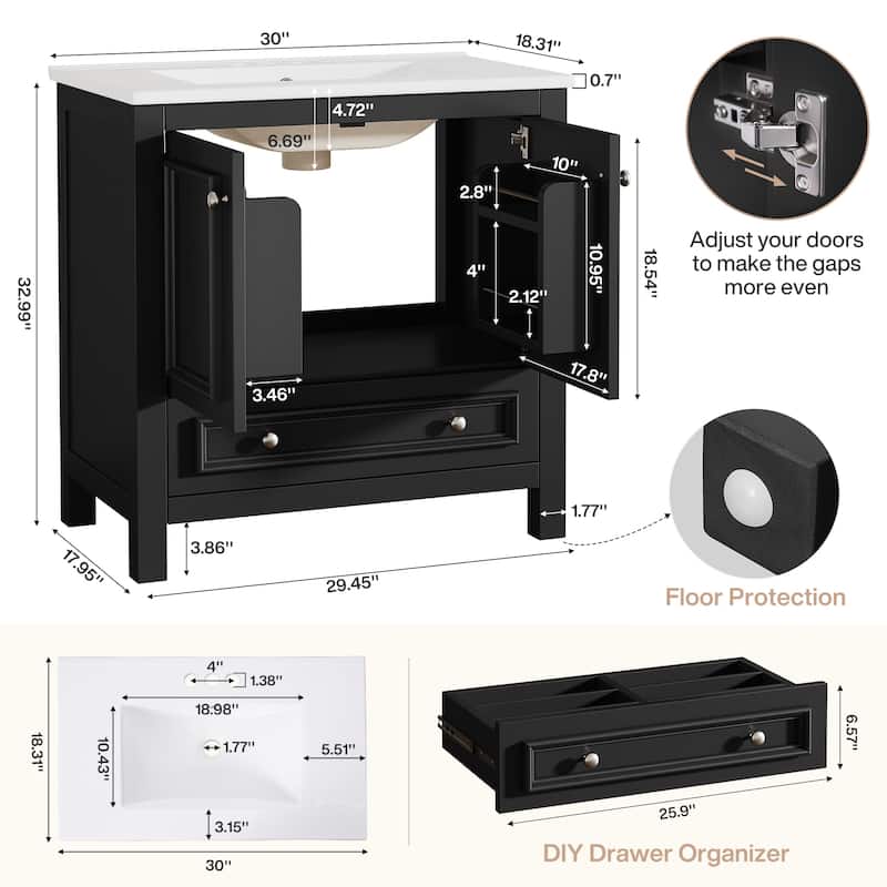 Modern Bathroom Vanity with Sink, Vanity Cabinet with Drawer and Door Organizer