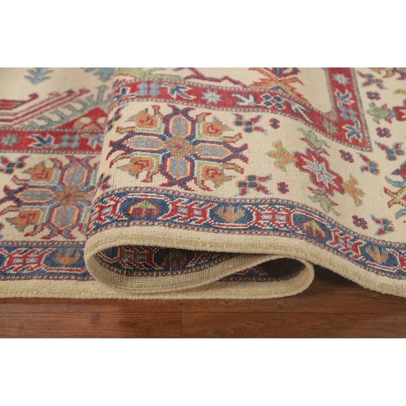 Geometric Beige Kazak Oriental Area Rug Hand-Knotted Wool Carpet - 8'2"x 9'9"
