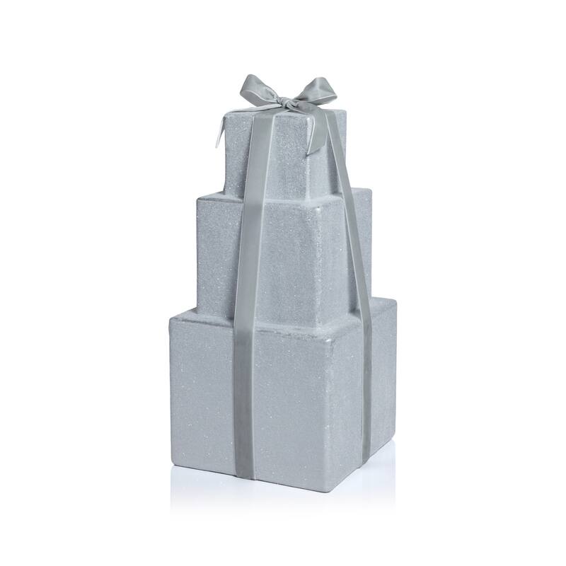 Stacked Presents Holiday Decorative Resin Figurine, 16.5" Tall - Silver