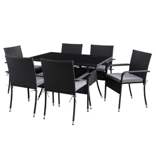 CorLiving Parksville Rectangle Patio Dining Set with Stackable Chairs - Black Finish/Ash Grey Cushions 7pc