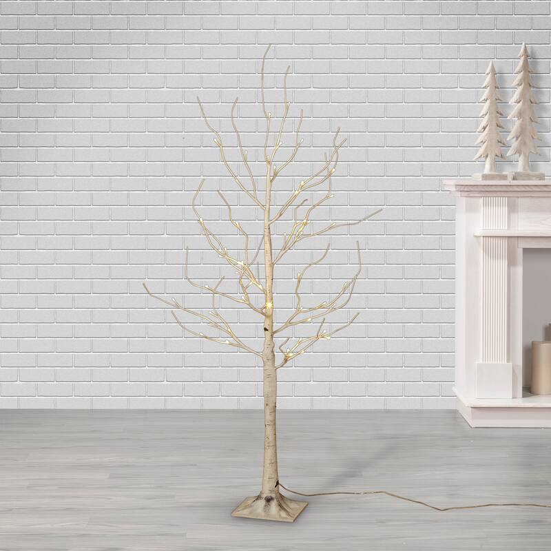 4 ft Tall Prelit Birch Tree with 48 Warm White LED Lights - N/A