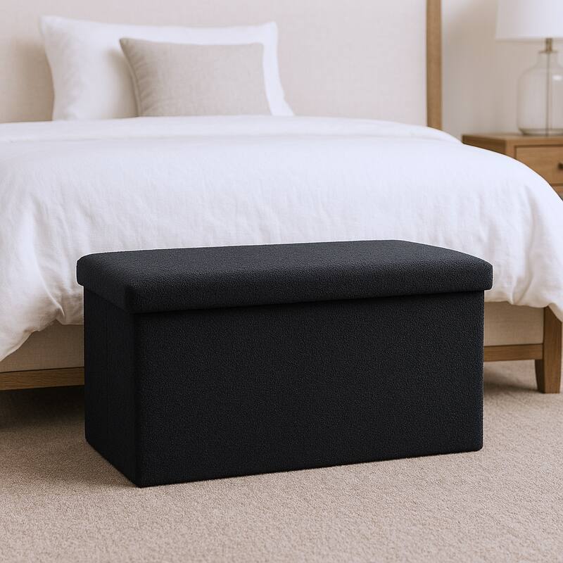 HomeRoots 30" White Boucle Storage Ottoman - Black