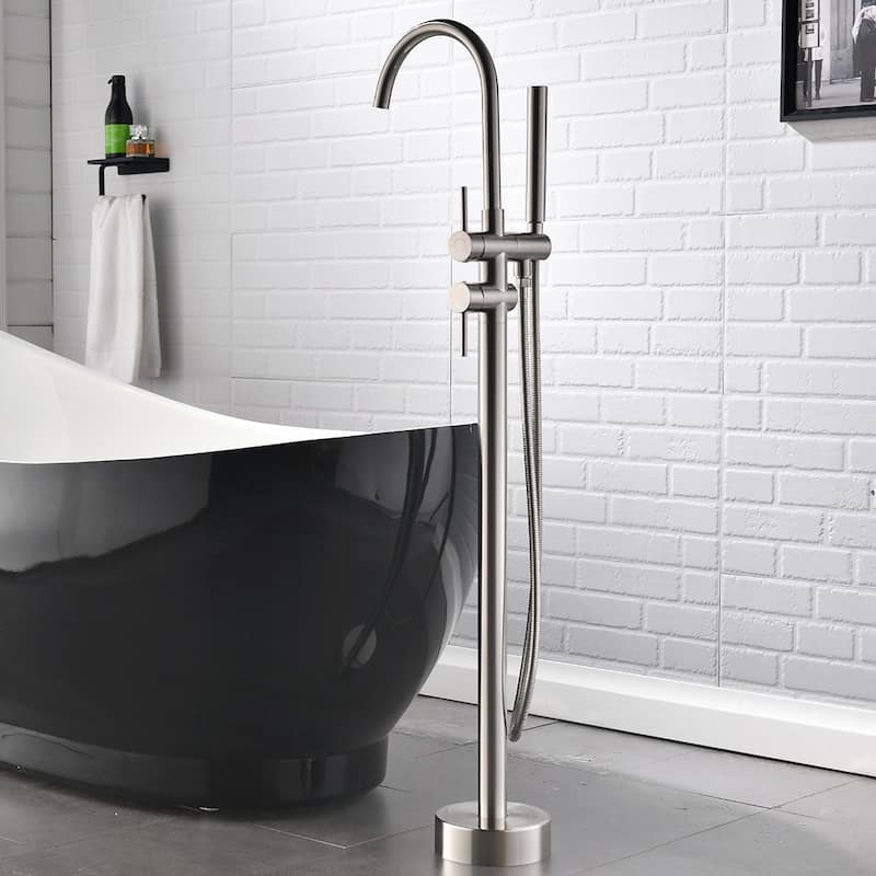 Single Handle Freestanding Tub Filler Floor Mount Bathtub Faucet with Handheld Shower (Brushed Nickel) - Brushed Nickel