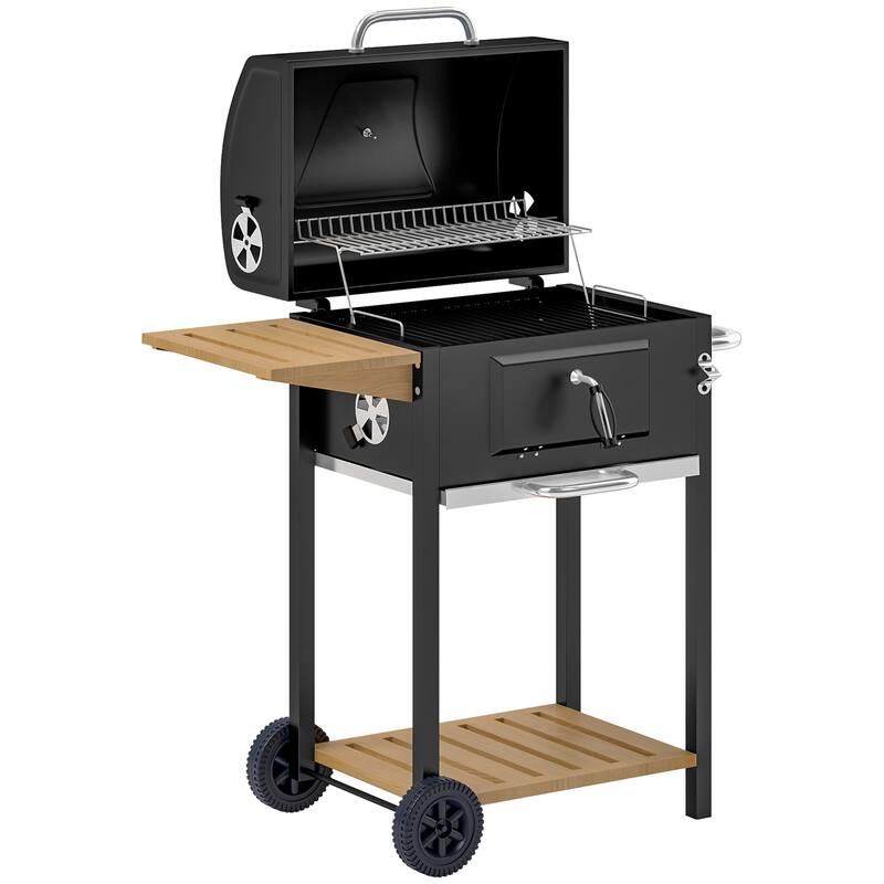 GDFStudio - Stainless Steel Portable Charcoal BBQ Grill with Storage & Wheels