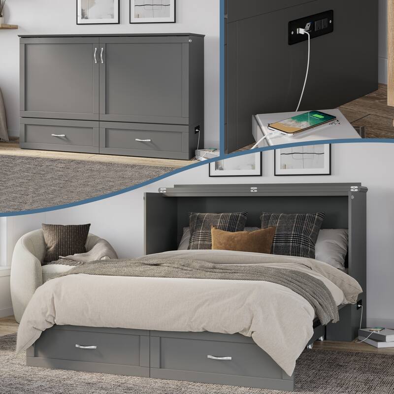 Raleigh Queen Murphy Bed Chest with 6" Mattress, Storage Drawer & Built-In Charger in Grey