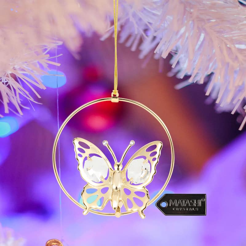 24K Gold Plated Butterfly Circle Crystal Studded Hanging Ornament by Matashi