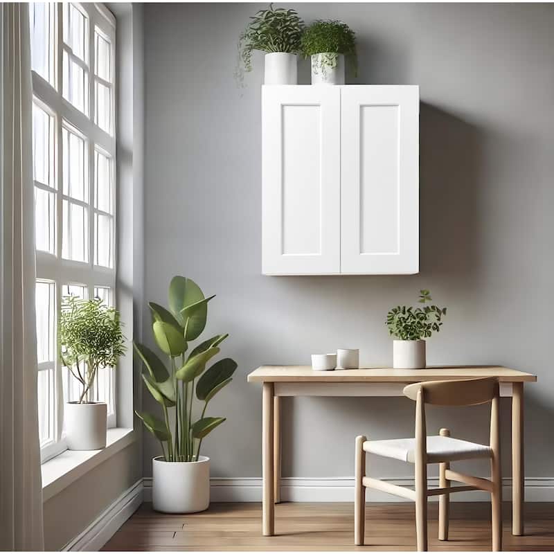 24 Inch White Shaker Double Door Wall Cabinet Solid Wood with 2 adjustable shelves for Kitchen, Bathroom and Garage Storage