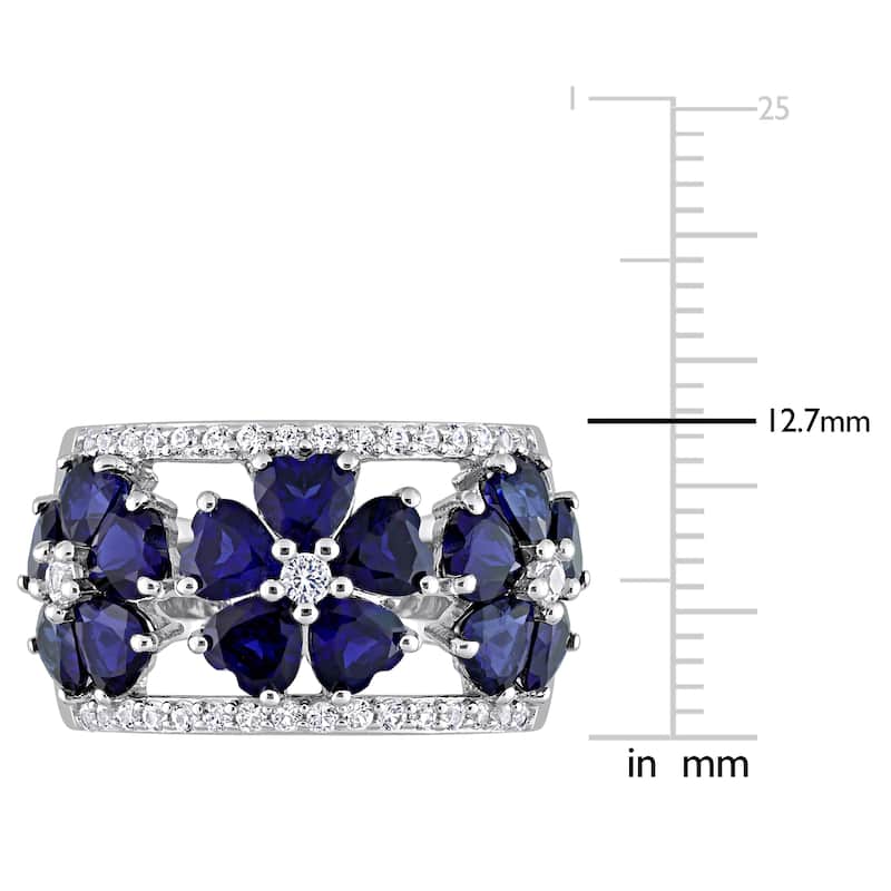 Miadora Heart-cut Created Blue & White Sapphire Triple Floral Cocktail Ring in Sterling Silver