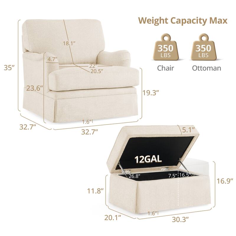 LUE BONA Swivel Fabric Single Sofa with a Removable Storage Ottoman, Living Room Accent Chair Set with Ottoman