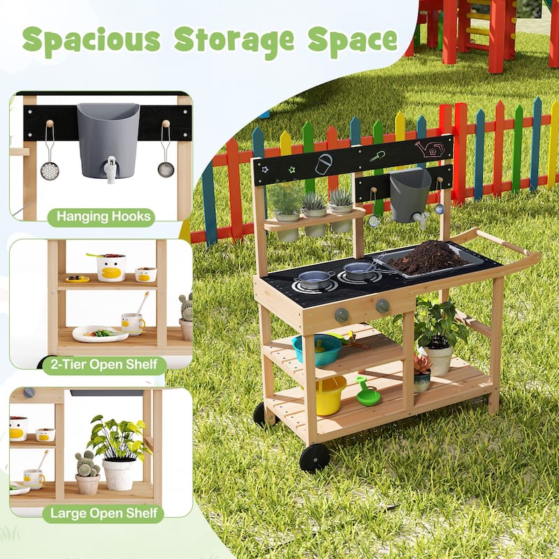 Gymax Mud Kitchen w/ Wheels Outdoor Fir Wood Play Kitchen w/