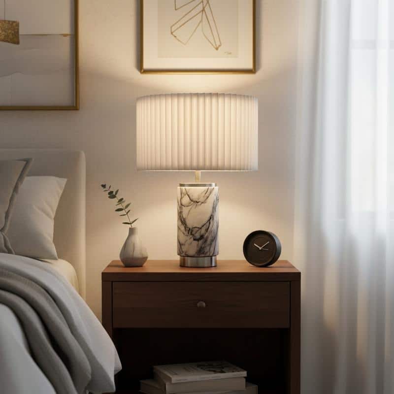 Brightech Arden 17 in. Marble Mid-Century Modern LED Table Lamp with Fabric Drum Shade and Built-In Charging Port