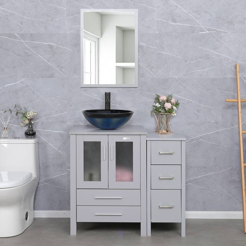36" Bathroom Vanity Sink Gray Set with Side Cabinet Vessel Sink Mirror Faucet Combo - blue round sink
