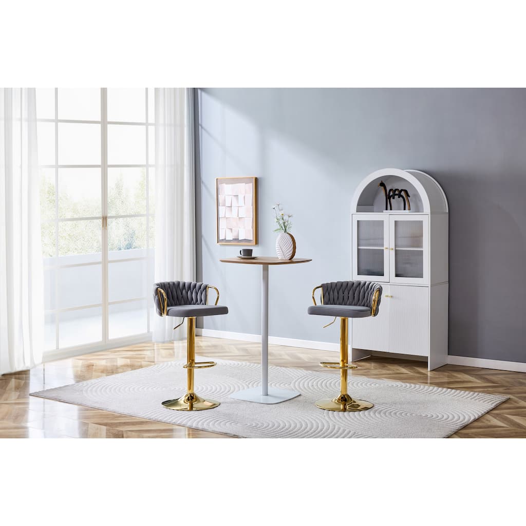 Set of 2 Modern Luxury Swivel Velvet Bar Stools, Adjustable Height with Gold Base & Rope Backrest - Gray