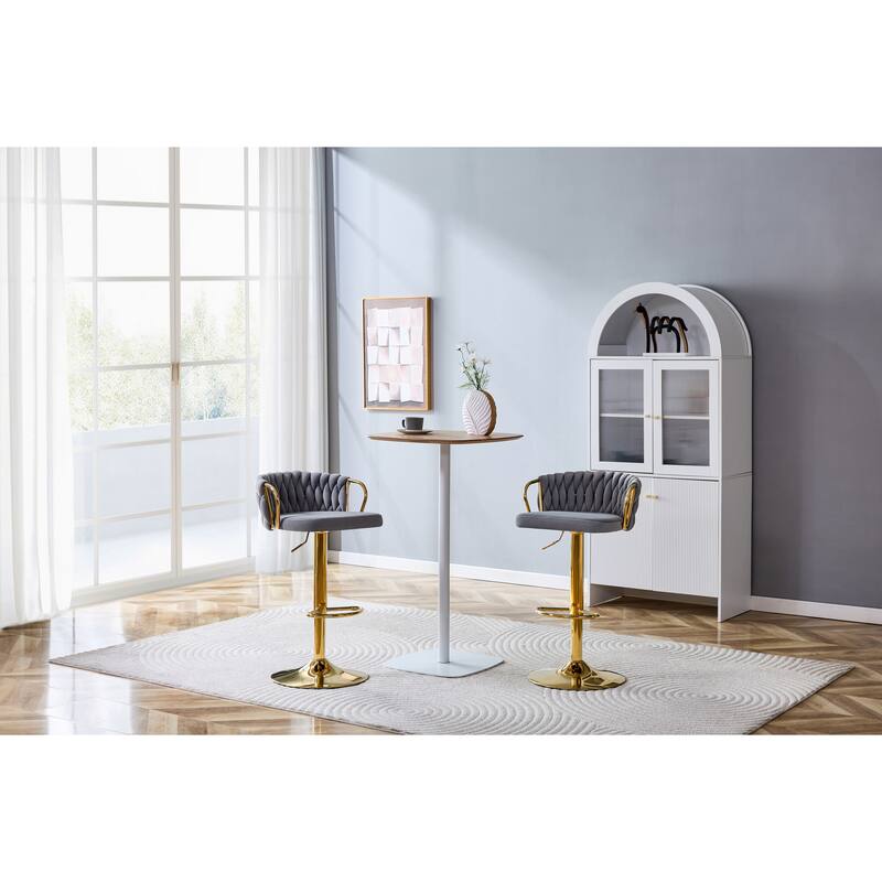 Set of 2 Modern Luxury Swivel Velvet Bar Stools, Adjustable Height with Gold Base & Rope Backrest - Gray