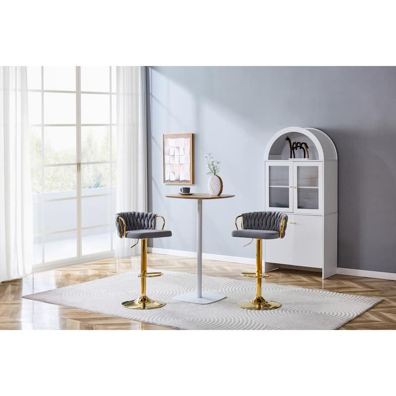 Set of 2 Modern Luxury Velvet Braided Bar Stool with Adjustable Height, Metal Base & Woven Rope Backrest - Gold,Gray