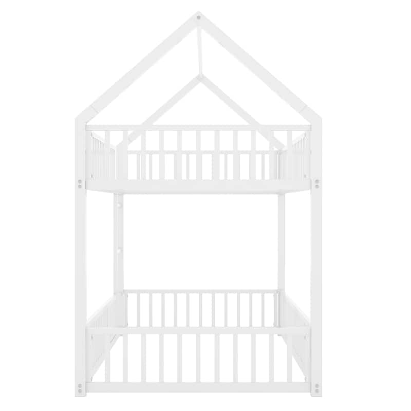 Twin over Twin Metal Bunk Bed with Play Door & Fence Design (250lb Capacity)