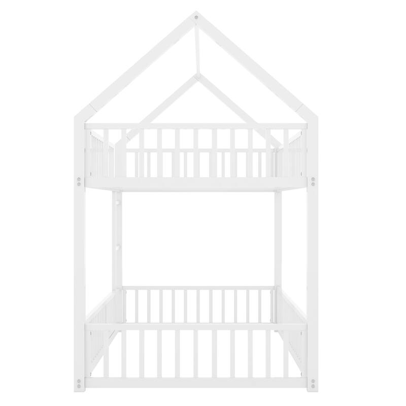 White Metal Twin over Twin Bunk Bed with House Frame, Fence Guardrails, and Small Door