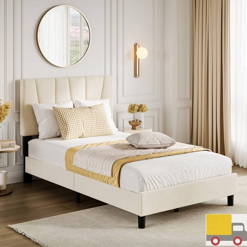Upholstered Platform Bed with Adjustable Headboard and Slat Support - Full - Beige