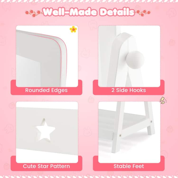 Kids Full Length Wooden Standing Mirror with Bottom Shelf and Foldable Storage Bin-White - 17.5"L x 15.5"W x 44"H