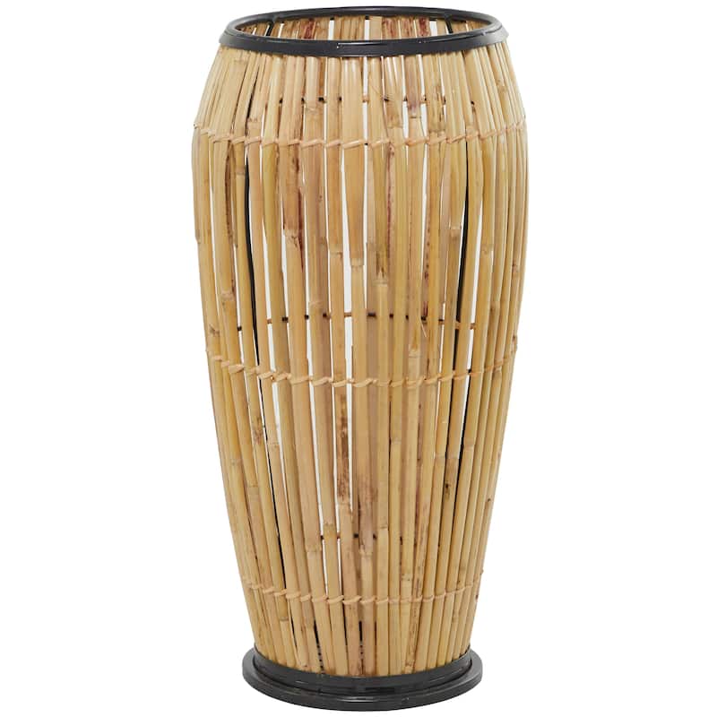 Brown Wicker Wood and Rattan Handmade Slatted Frame Vase with Black Metal Accents
