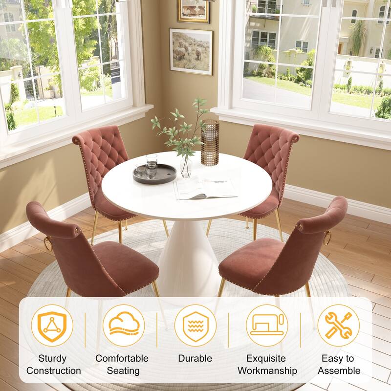 48" Light Luxury White High Gloss Large Countertop Dining Table with Velvet Dining Chair Set