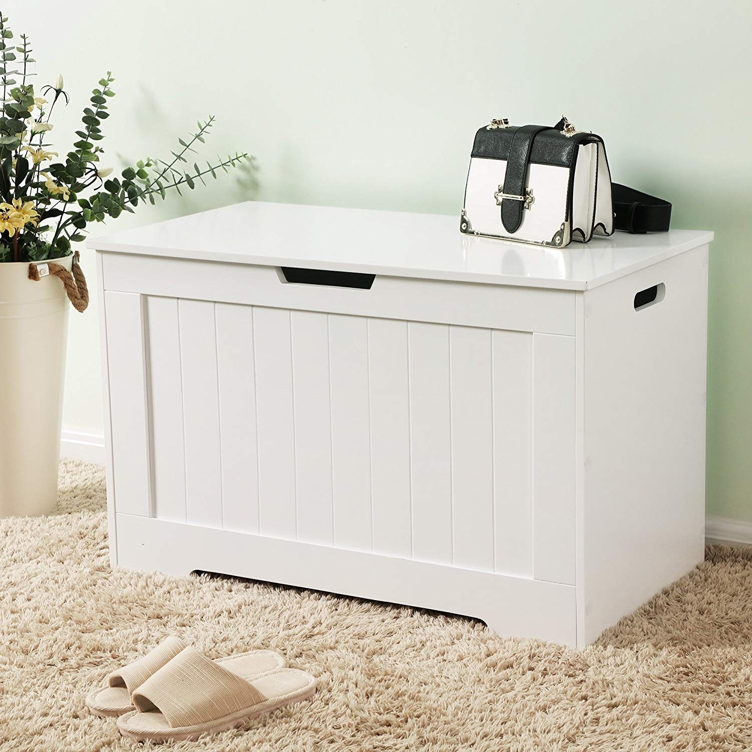 Wooden Toy Box Entryway Storage Chest Bench with 2 Safety Hinge