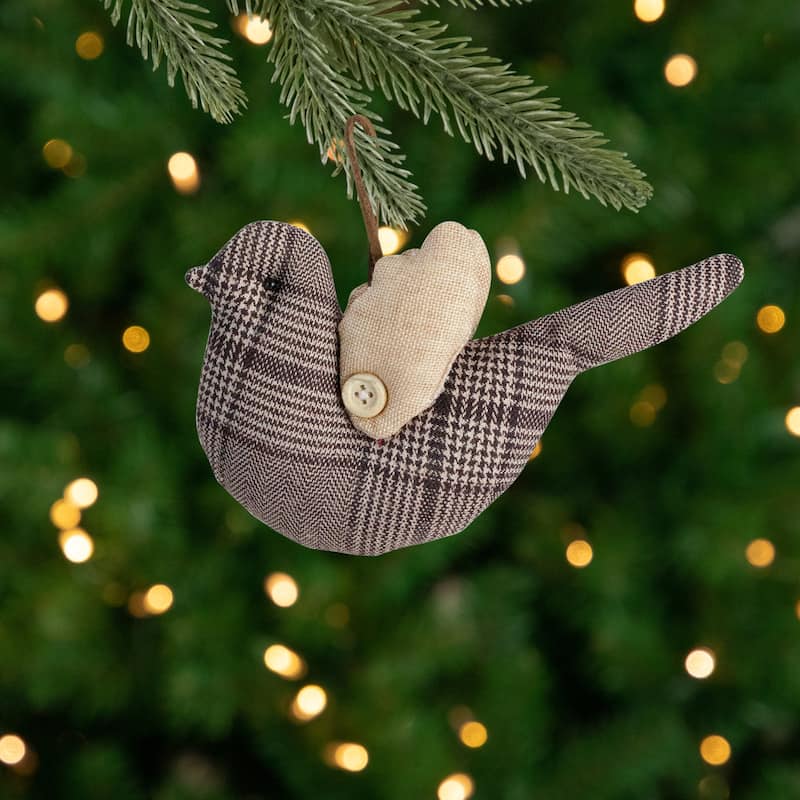 8" Brown and Beige Houndstooth Plaid Bird Christmas Ornament