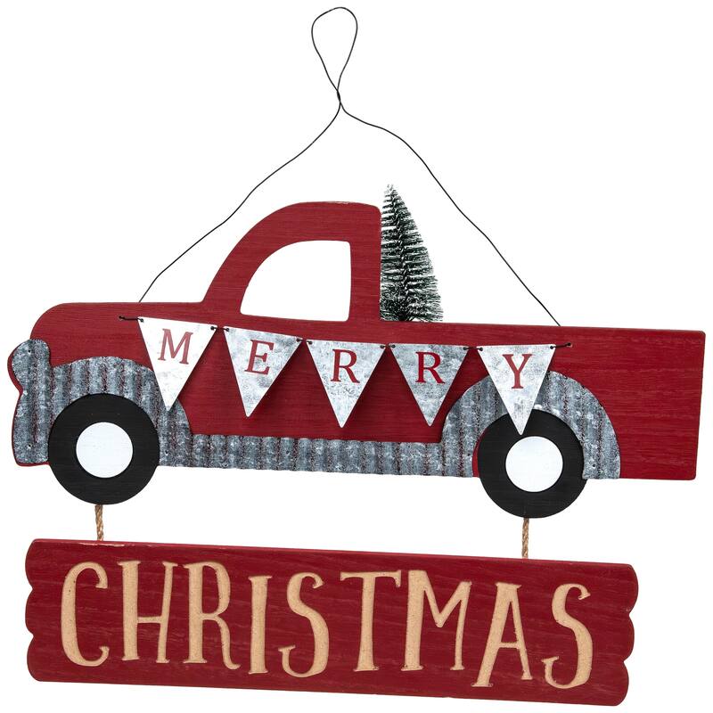 Merry Christmas Truck Hanging Wall Sign - 15.75"