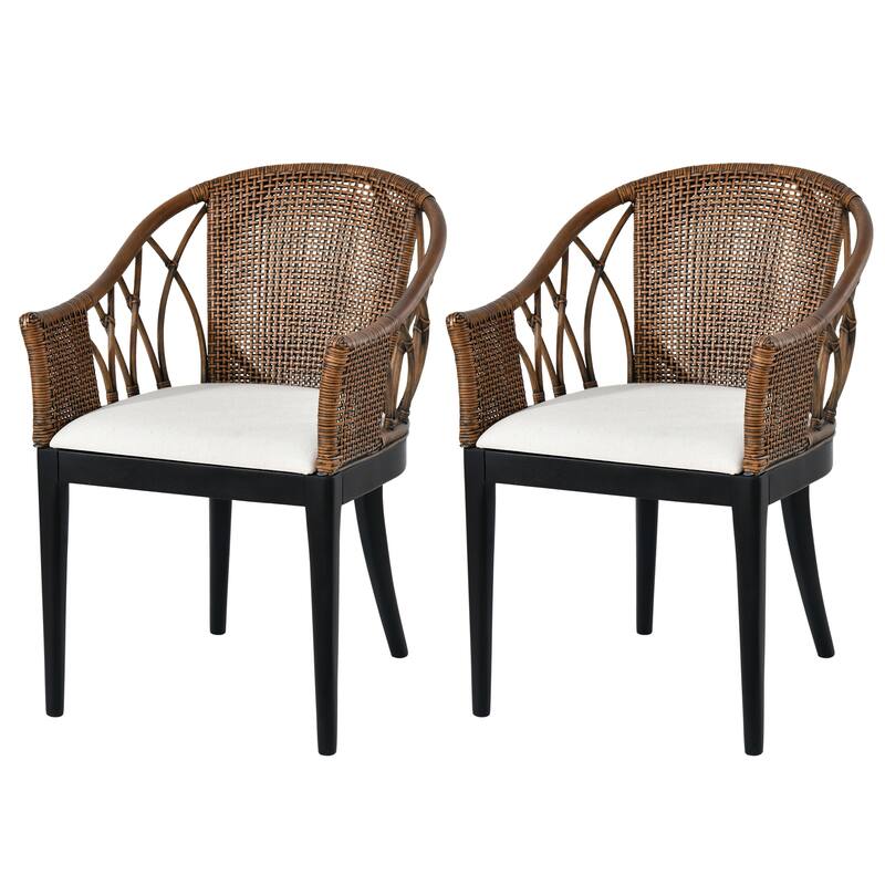 Bohemian 18" Seat W Rattan Barrel Arm chair with Upholstered Seat Accent Chair