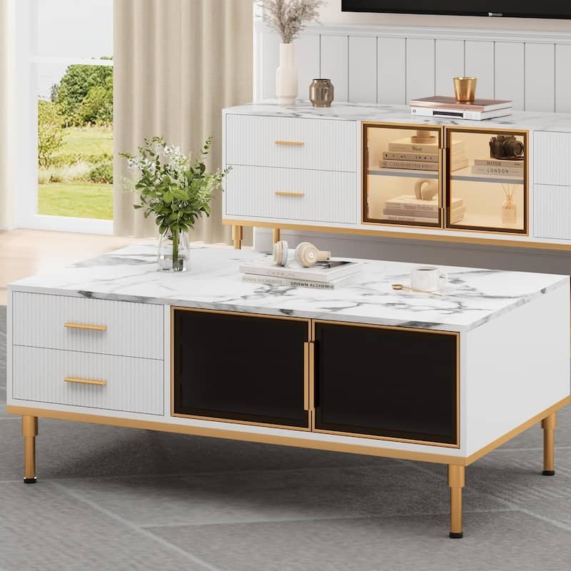 Modern Aesthetic Marble Coffee Table for Living Room with 4 Drawers - N/A