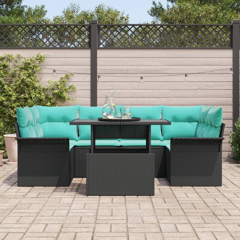 vidaXL 7 Piece Garden Sofa Set with Cushions Black Poly Rattan - 92.1×52.2×27.2