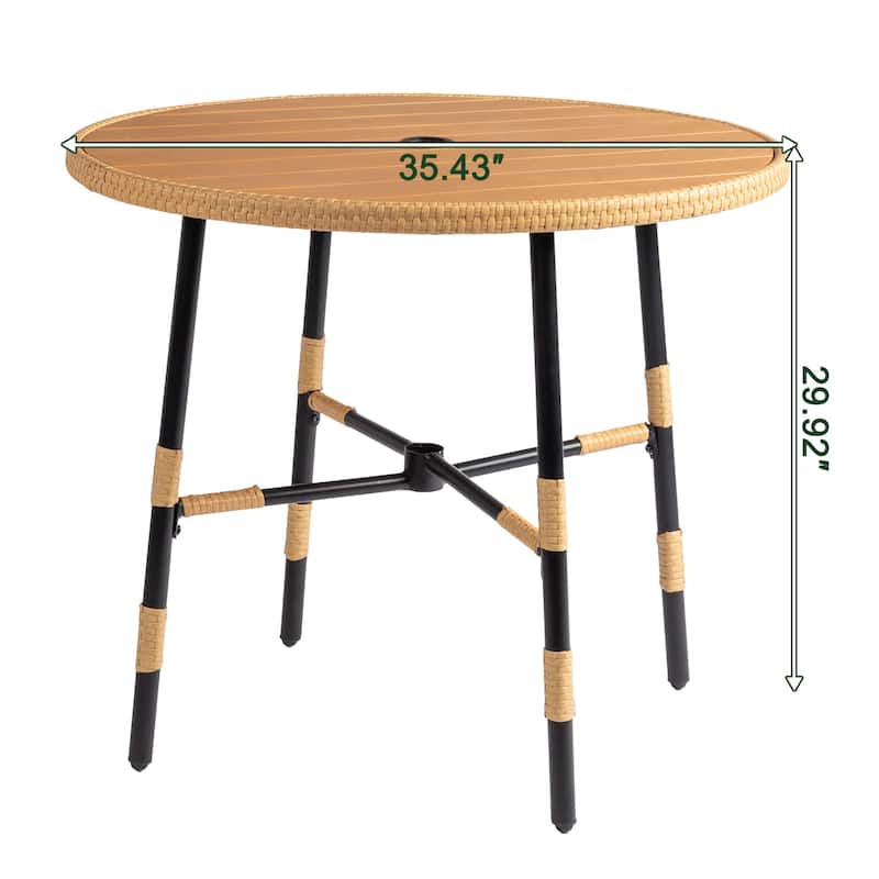 Round Outdoor Patio Weather-Resistant Dining Table with Umbrella Hole and Rattan Edge for 4 Seats - 35.4” x 35.4” x 29.9”