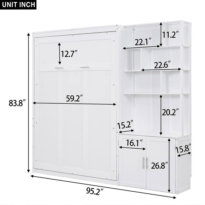 Space-Saving Full Size Murphy Bed with Storage Shelves and Cabinet, White