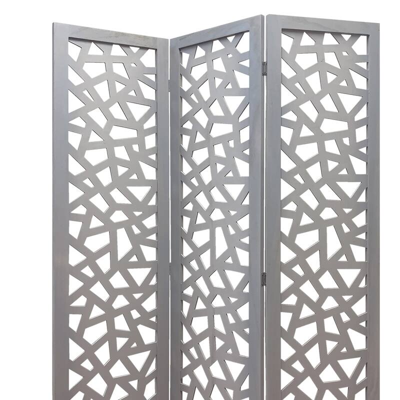 3 Panel Contemporary Wooden Screen with Cut Pattern Design, Gray