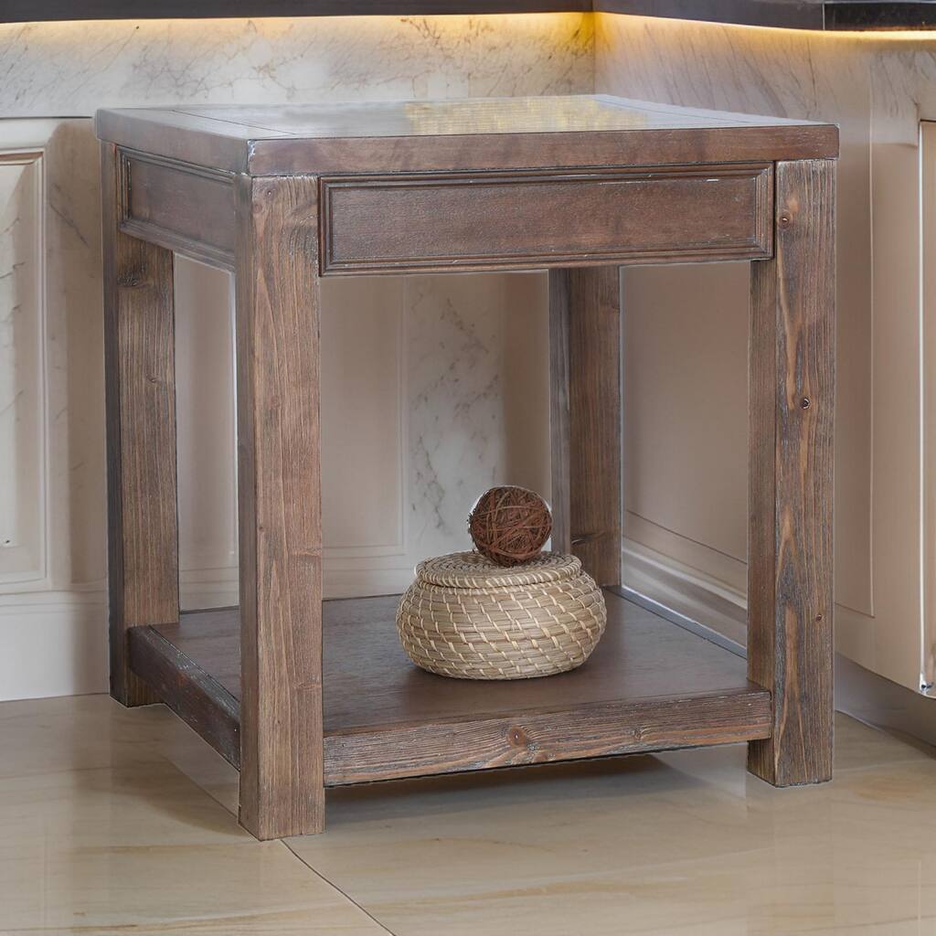 Transitional Style Square End Table with Open Shelf, Oak Brown