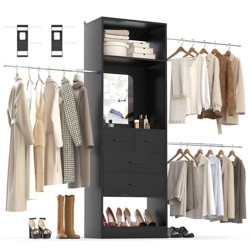 8FT Walk in Closet Organizer System with 3 Extendable Hanging Rods ＆ 4 Drawers ＆ Mirror - Black
