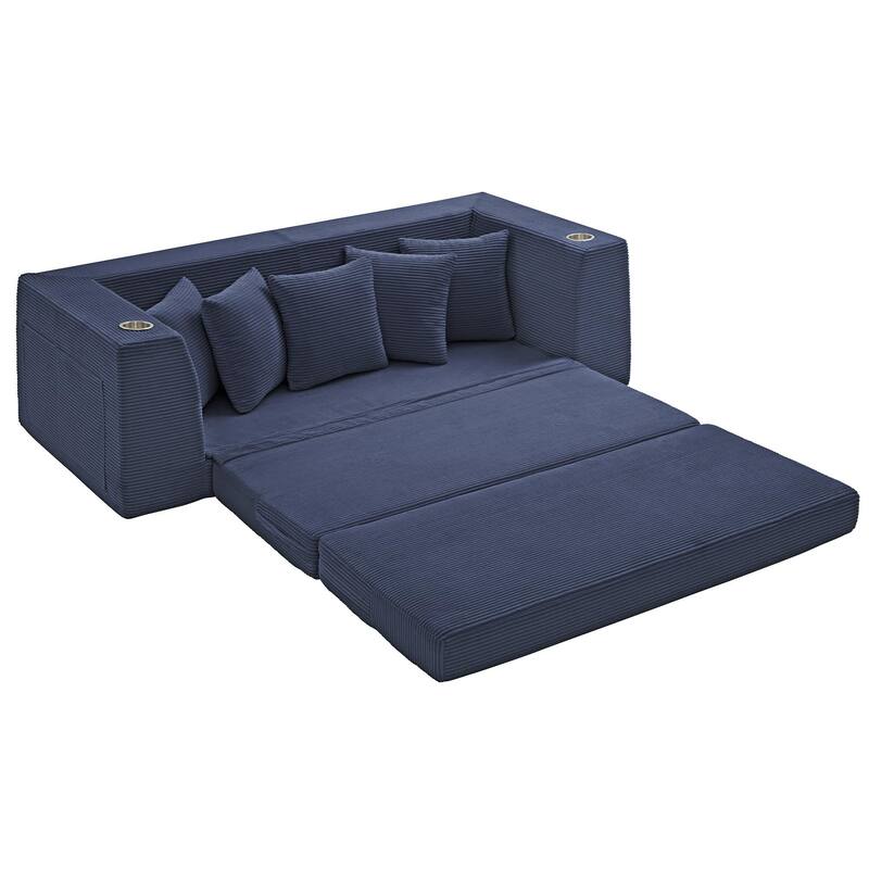 Modern Convertible Loveseat Sofa Bed, Corduroy Fabric Foldable Floor Couch w/5 Pillows, Side Pockets & Cup Holders, No Assembly