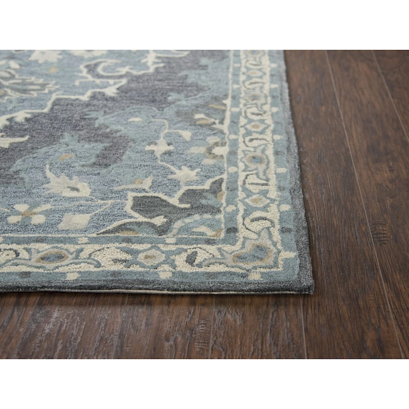 Alora Decor Cascade Blue, Grey, and Ivory Medallion Hand-tufted Wool Rug