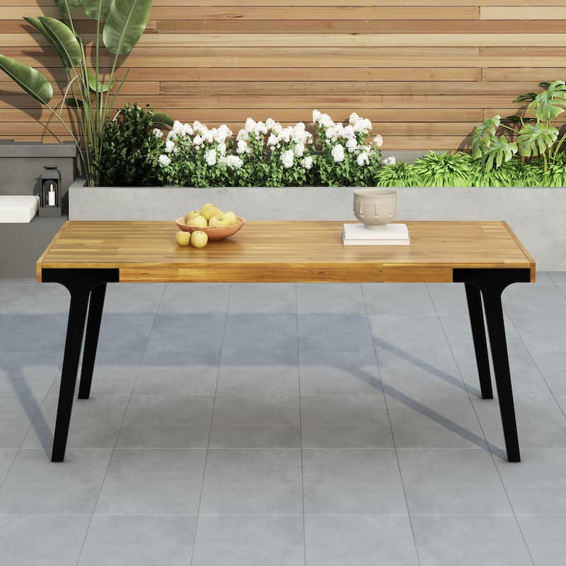 Roomfitters Modern Outdoor Dining Table with Acacia Wood Top and Black Metal Legs, Rectangular, Teak