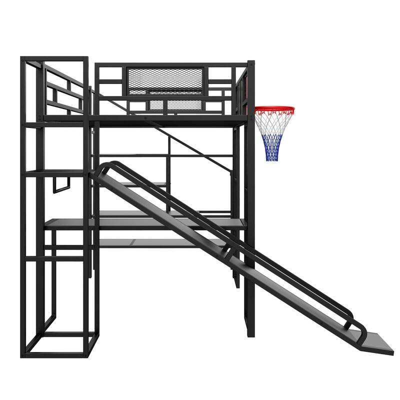 Full Size Metl Loft Bed with Open Wardrobe, Slide and Bulit-in Desk, Kids Loft Bedframe with Basketball Hoop and Storage Shelves