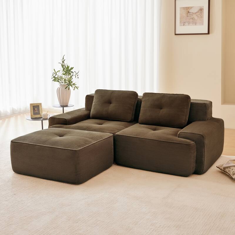 82" Tufted Sectional Sofa with Movable Ottoman, 2-Seater Corduroy Couch for Living Room, Floor Upholstered Leisure Loveseat